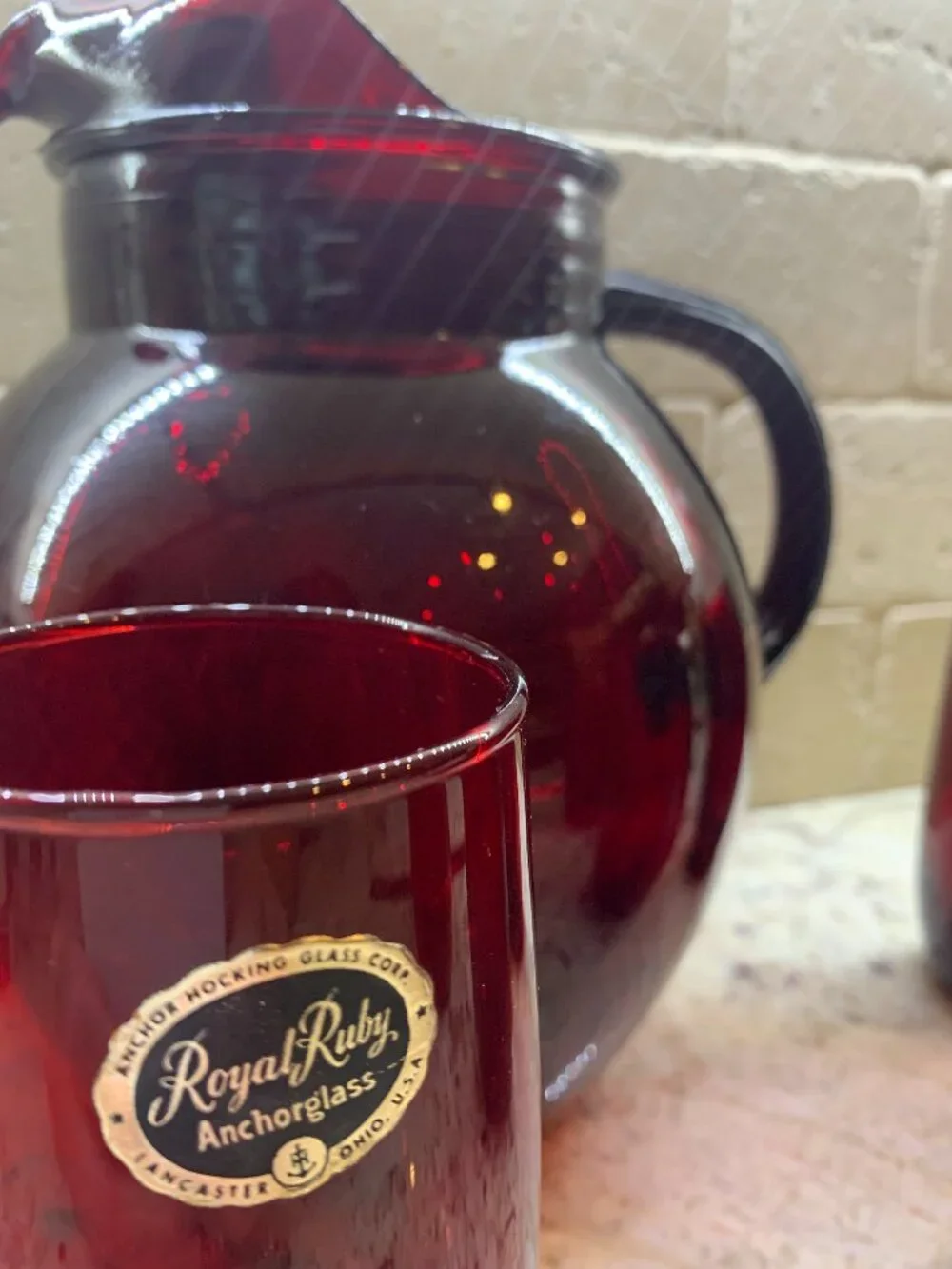 Vintage Anchor Hocking Royal Ruby Red glass pitcher 4 matching glasses